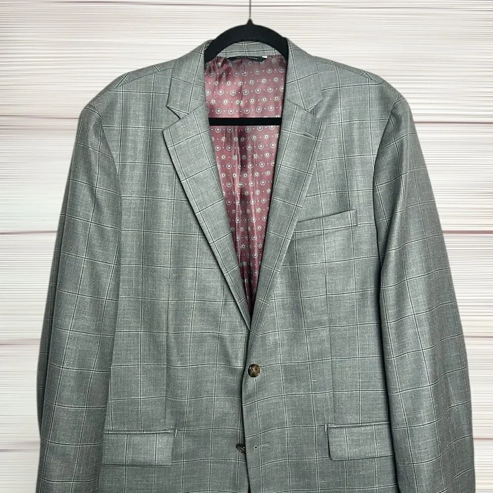 Ralph Lauren Gray Suit Jacket Blazer Gray Plaid Wool Silk Linen Blend 42L